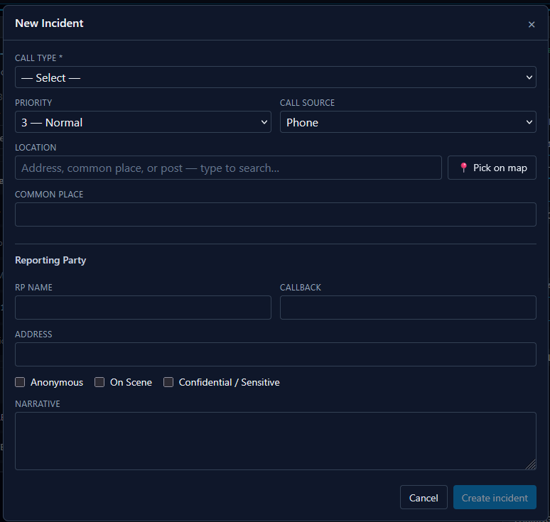 New Incident dialog in ctHelixCAD with fields for call type, priority, call source, location, common place, reporting party name, callback, address, and narrative